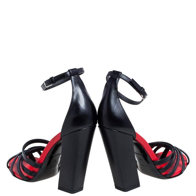Pre Owned Burberry Black/Red Leather Hove Heel Ankle Strap Sandals Size 40