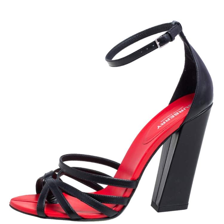 Pre Owned Burberry Black/Red Leather Hove Heel Ankle Strap Sandals Size 40