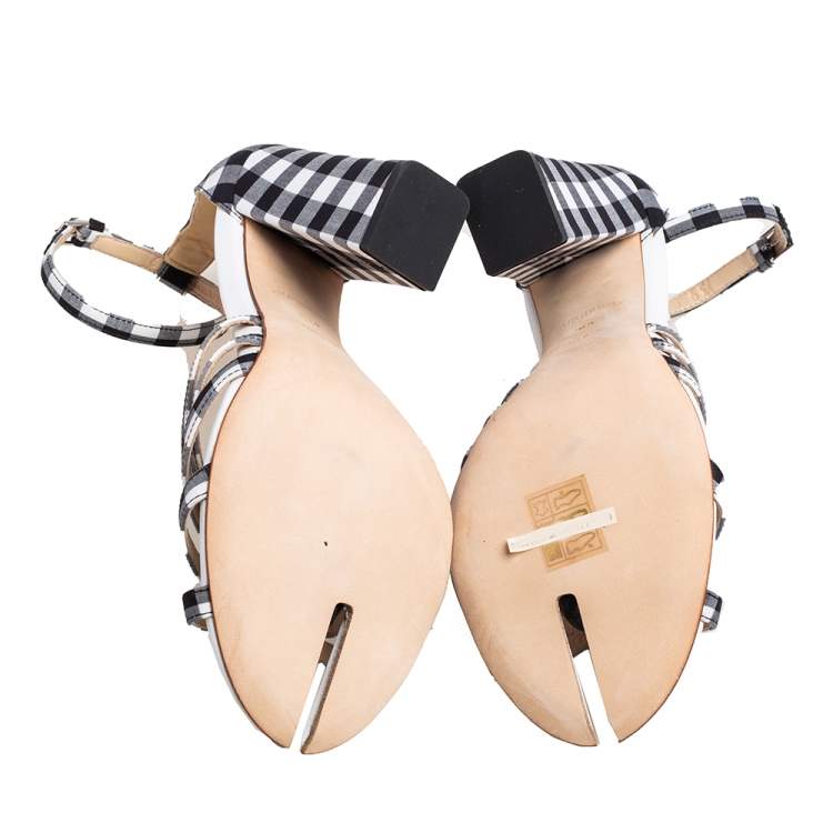 Pre Owned Burberry Black/White Checkered Fabric Hove Heel Ankle Strap Sandals Size 39