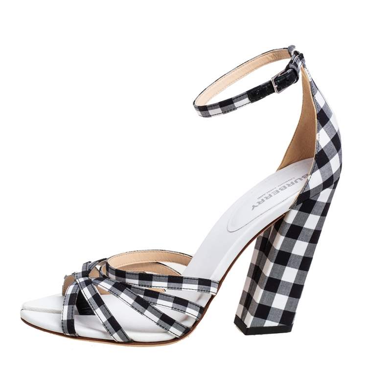 Burberry Black/White Checkered Fabric Heel Ankle Strap Sandals Size 39 Burberry |