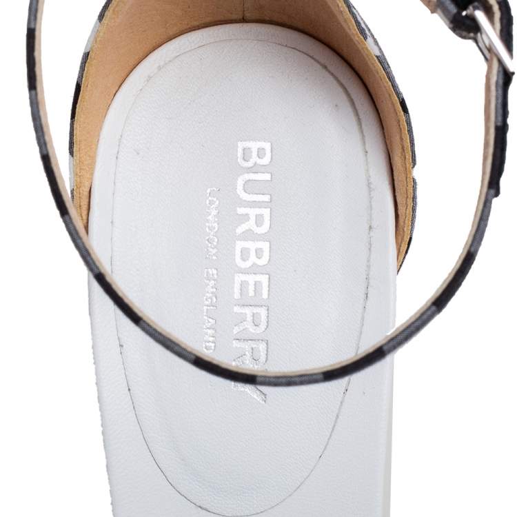 Pre Owned Burberry Black/White Checkered Fabric Hove Heel Ankle Strap Sandals Size 39