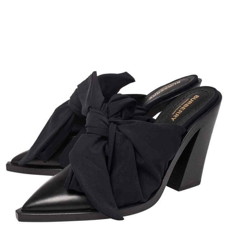 Pre Owned Burberry Black Satin and Leather Tillington Mules Size 39