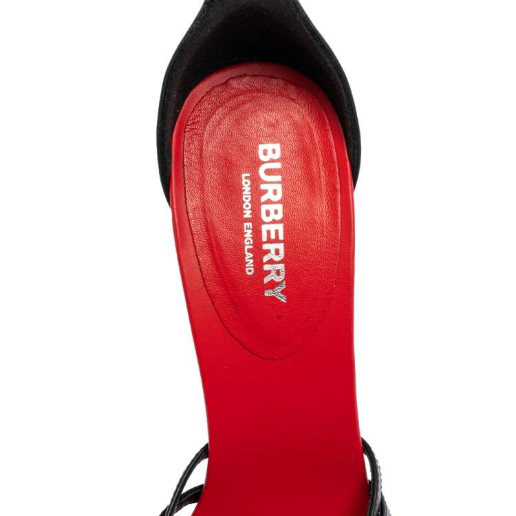 Pre Owned Burberry Black/Red Leather Hove Heel Ankle Strap Sandals Size 38