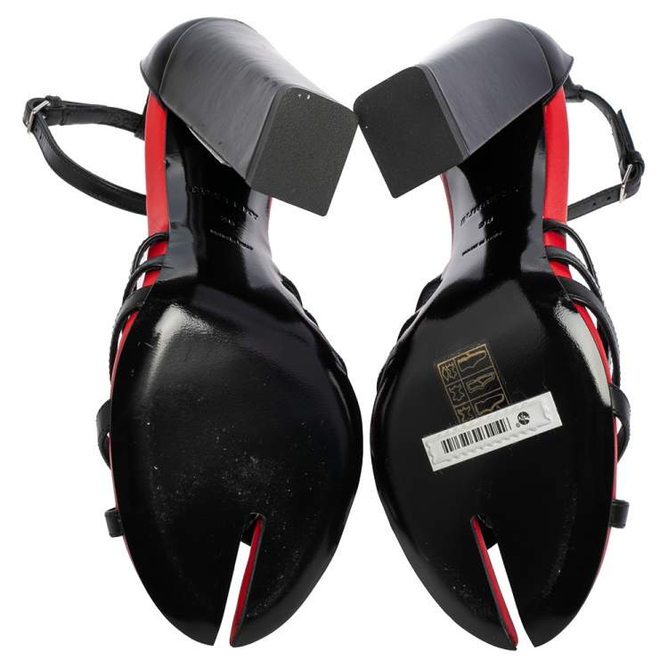 Pre Owned Burberry Black/Red Leather Hove Heel Ankle Strap Sandals Size 38