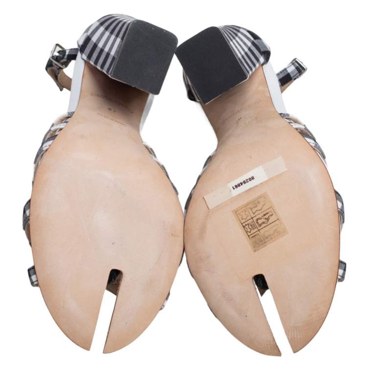 Pre Owned Burberry Black/White Canvas And Leather Ankle Strap Sandals Size 37