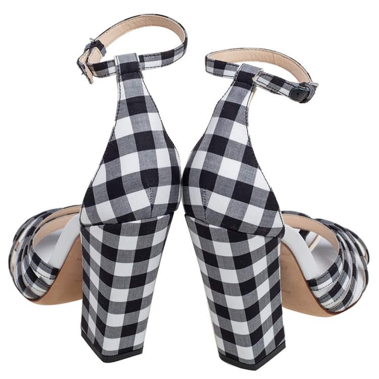 Pre Owned Burberry Black/White Canvas And Leather Ankle Strap Sandals Size 37