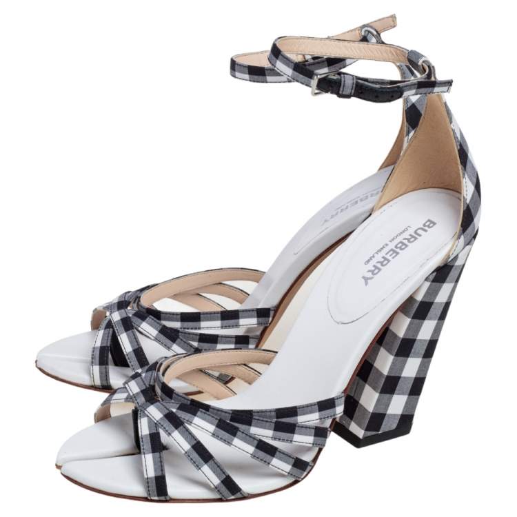 Pre Owned Burberry Black/White Canvas And Leather Ankle Strap Sandals Size 37