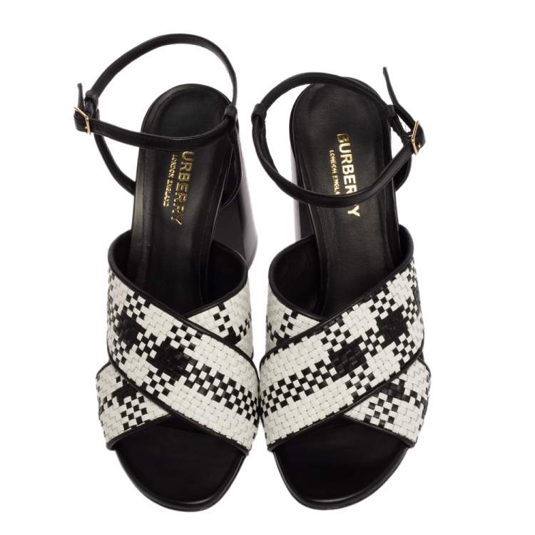 Pre Owned Burberry White/Black Woven Leather Block Heel Sandals Size 37.5