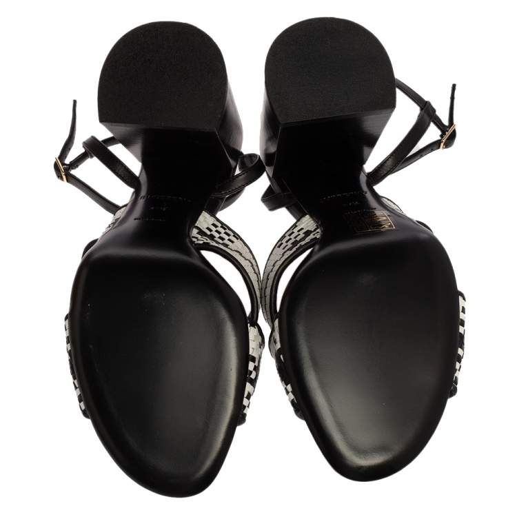 Pre Owned Burberry White/Black Woven Leather Block Heel Sandals Size 37.5