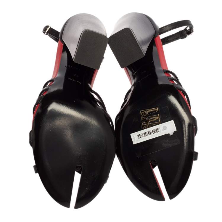 Pre Owned Burberry Black/Red Leather Hove Heel Ankle Strap Sandals Size 38