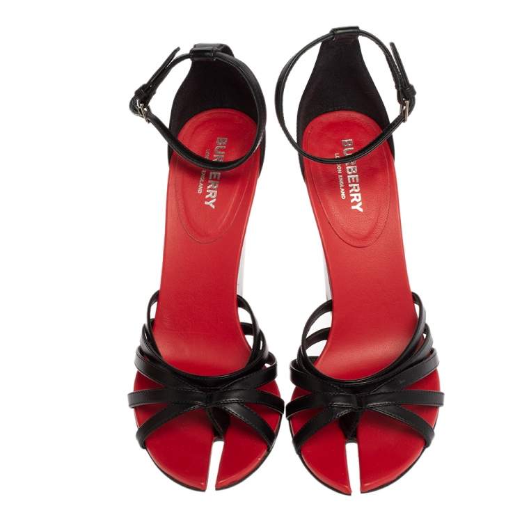 Pre Owned Burberry Black/Red Leather Hove Heel Ankle Strap Sandals Size 38