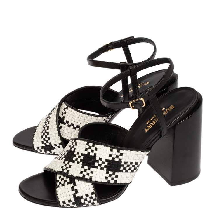 Pre Owned Burberry White/Black Woven Leather Block Heel Sandals Size 38.5