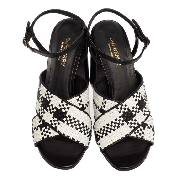 Pre Owned Burberry White/Black Woven Leather Block Heel Sandals Size 38.5