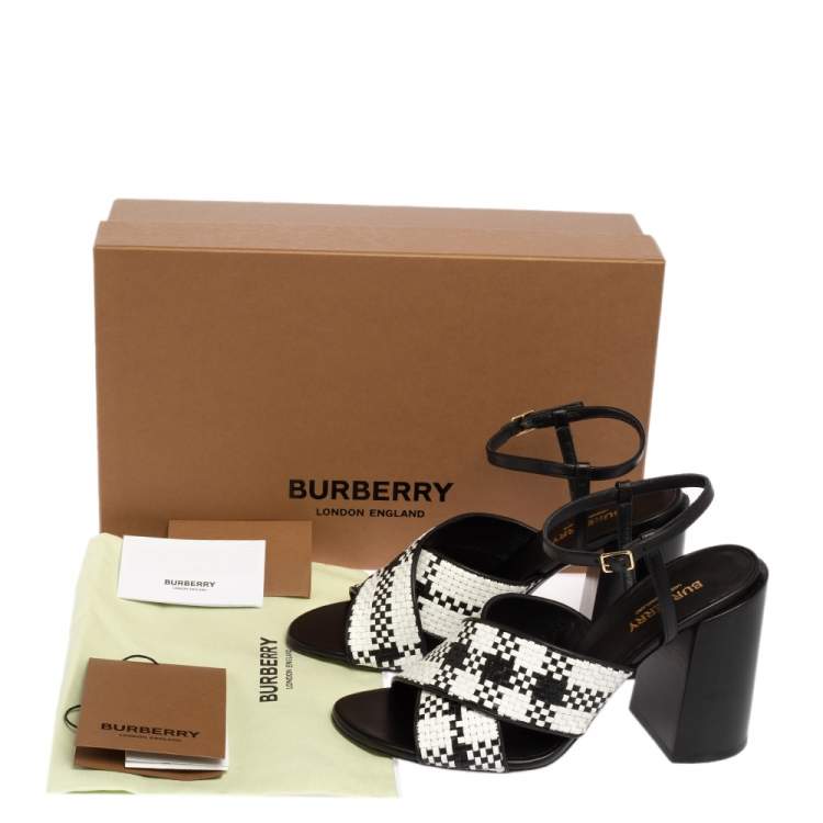 Pre Owned Burberry White/Black Woven Leather Block Heel Sandals Size 38.5