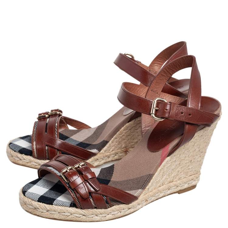 Pre Owned  Burberry Brow Leather Buckle Detail Open Toe Espadrille Wedge Sandals Size 37