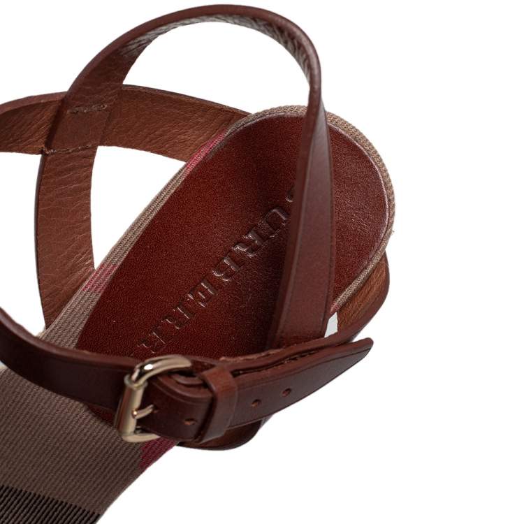 Pre Owned  Burberry Brow Leather Buckle Detail Open Toe Espadrille Wedge Sandals Size 37