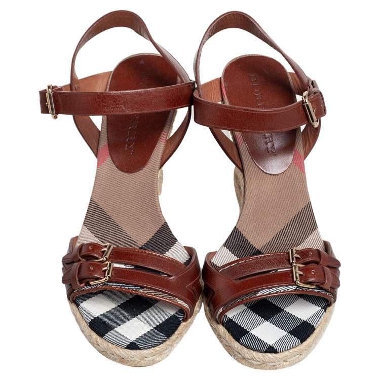 Pre Owned  Burberry Brow Leather Buckle Detail Open Toe Espadrille Wedge Sandals Size 37