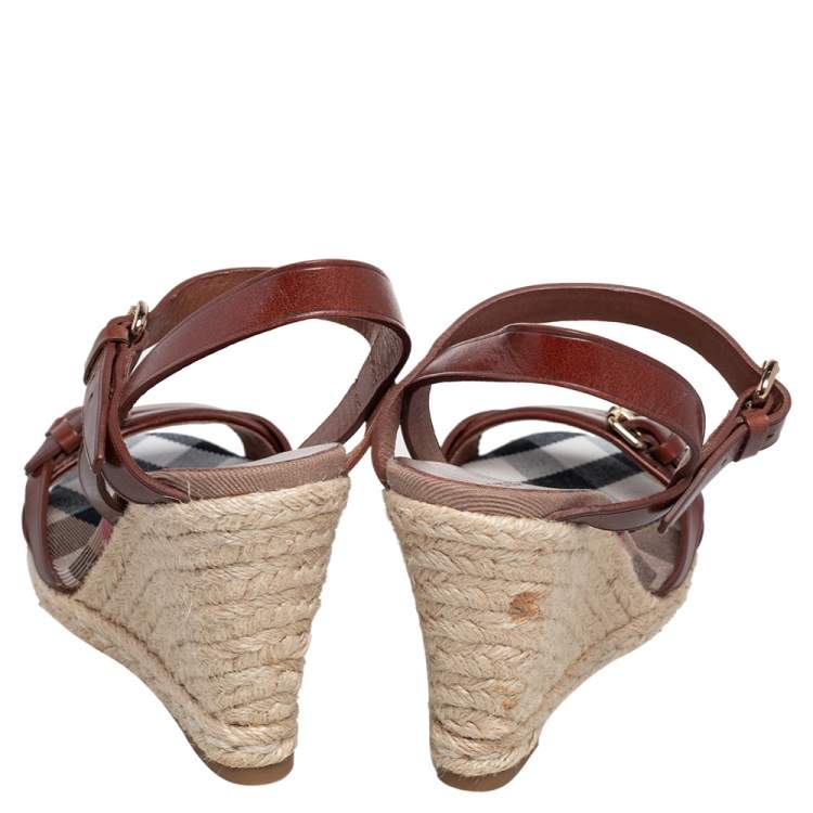 Pre Owned  Burberry Brow Leather Buckle Detail Open Toe Espadrille Wedge Sandals Size 37