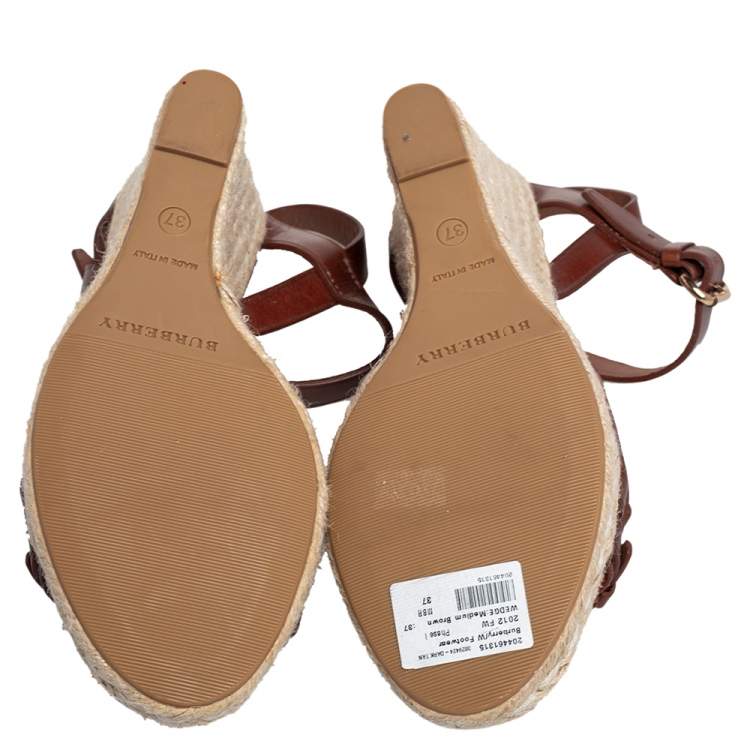 Pre Owned  Burberry Brow Leather Buckle Detail Open Toe Espadrille Wedge Sandals Size 37