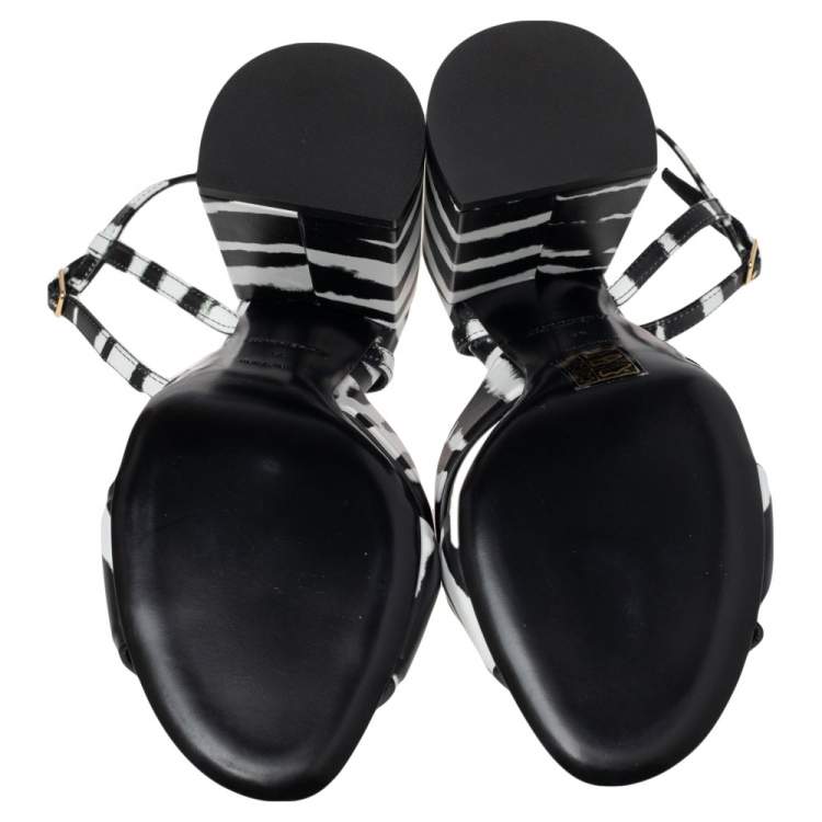 Pre Owned Burberry Black/White Leather Castlebar Ankle Strap Sandals Size 38
