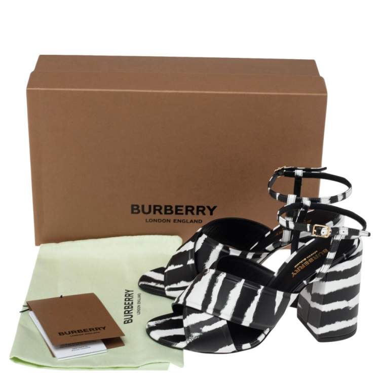 Pre Owned Burberry Black/White Leather Castlebar Ankle Strap Sandals Size 38