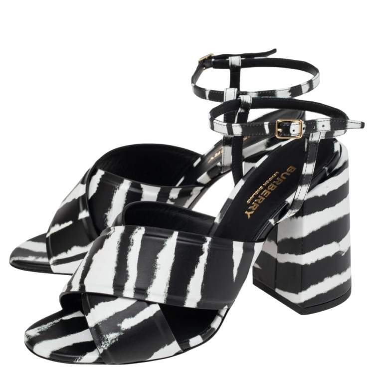 Pre Owned Burberry Black/White Leather Castlebar Ankle Strap Sandals Size 38