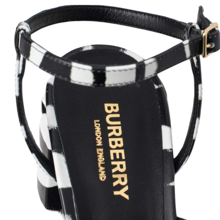 Pre Owned Burberry Black/White Leather Castlebar Ankle Strap Sandals Size 38