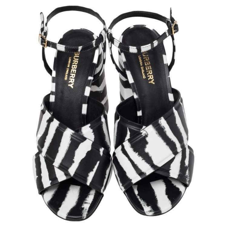 Pre Owned Burberry Black/White Leather Castlebar Ankle Strap Sandals Size 38