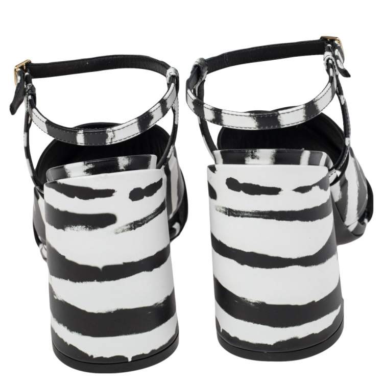 Pre Owned Burberry Black/White Leather Castlebar Ankle Strap Sandals Size 38