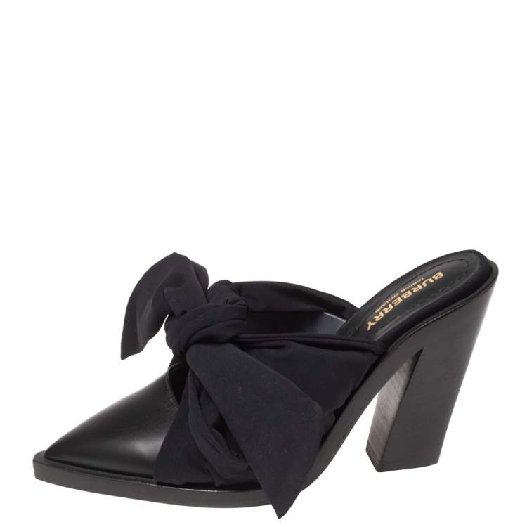 Pre Owned Burberry Black Satin and Leather Tillington Mules Size 37