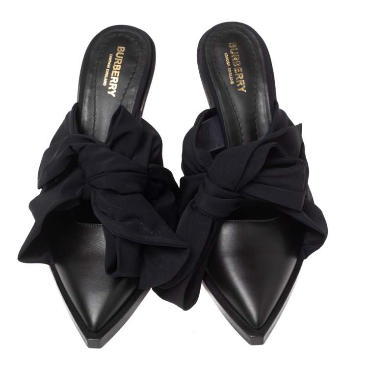 Pre Owned Burberry Black Satin and Leather Tillington Mules Size 37