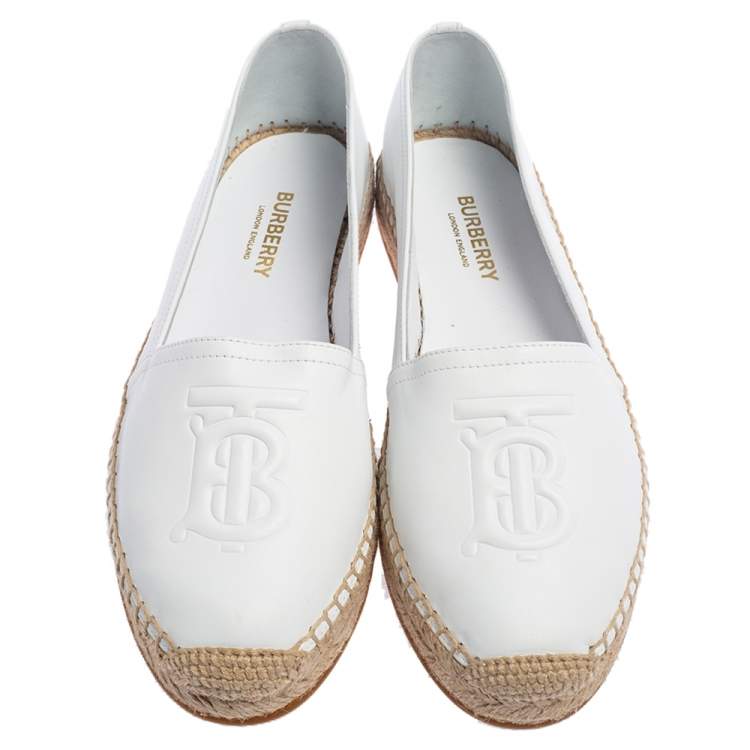 Pre Owned Burberry White Logo Monogram Leather Tabitha Espadrille Flats Size 37