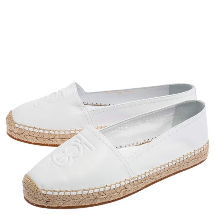 Pre Owned Burberry White Logo Monogram Leather Tabitha Espadrille Flats Size 37