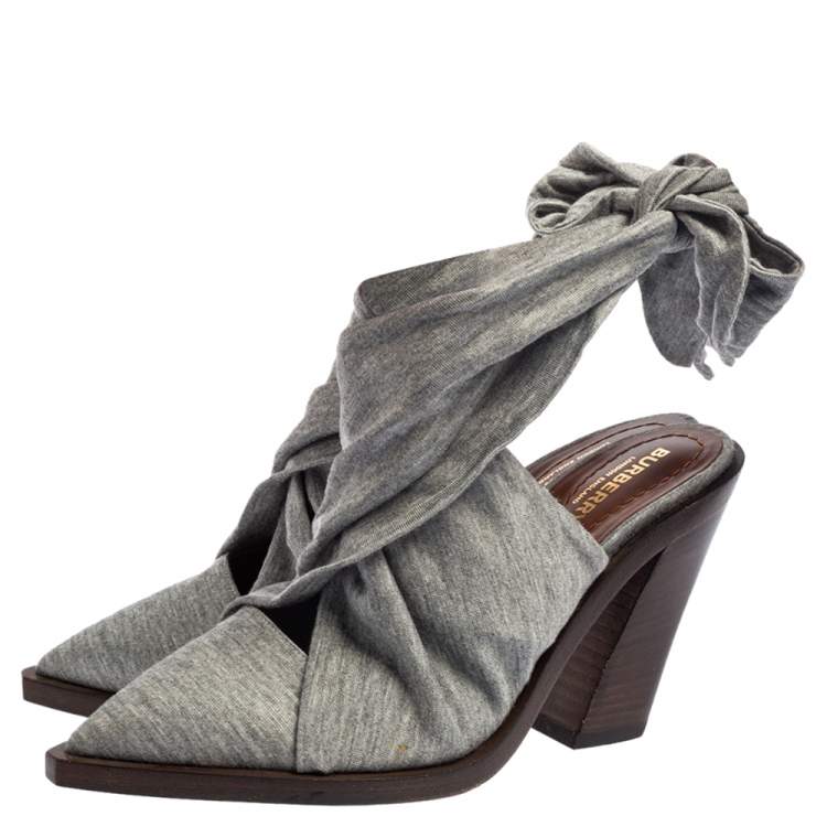 Pre Owned Burberry Grey Fabric Tillington Ankle Tie Pointed Toe Mules Size 37
