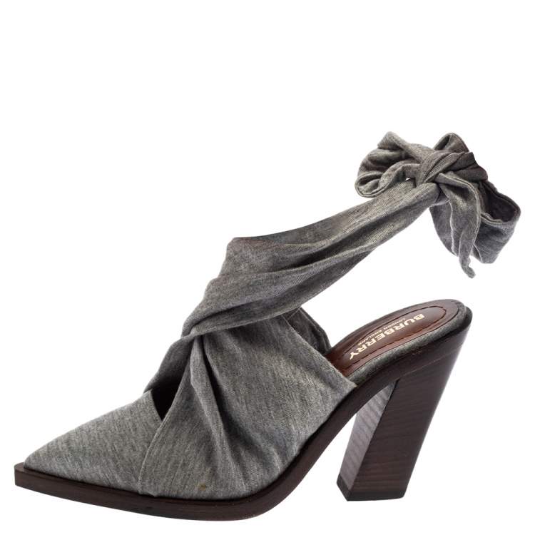 Pre Owned Burberry Grey Fabric Tillington Ankle Tie Pointed Toe Mules Size 37