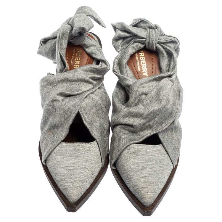 Pre Owned Burberry Grey Fabric Tillington Ankle Tie Pointed Toe Mules Size 37