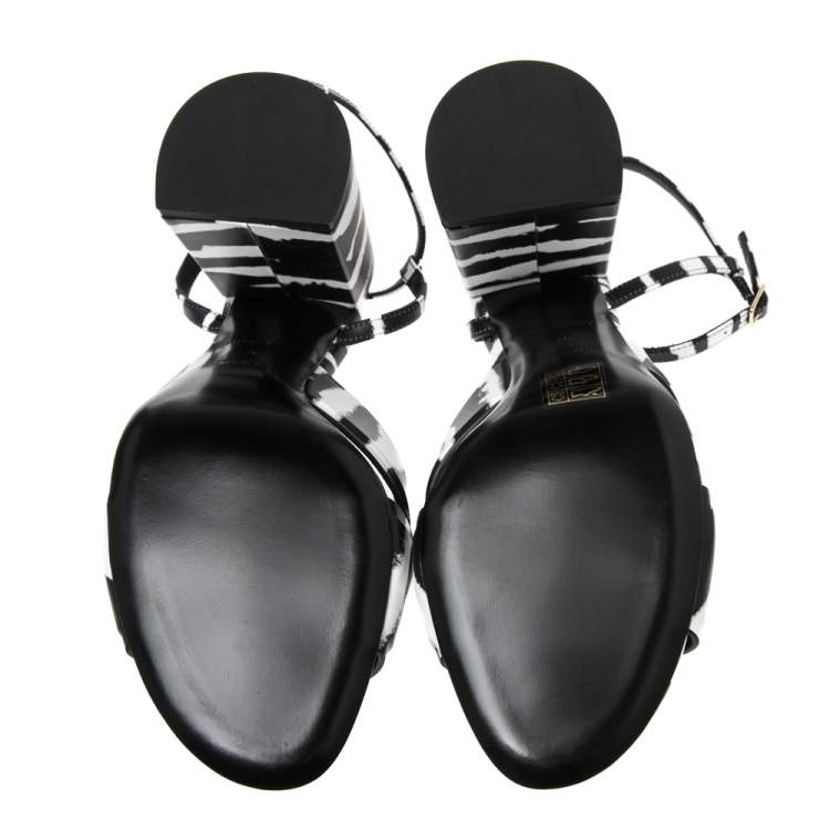 Pre Owned Burberry White/Black  Leather Castlebar Ankle Wrap  Sandals Size 40