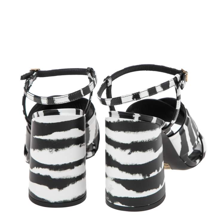 Pre Owned Burberry White/Black  Leather Castlebar Ankle Wrap  Sandals Size 40