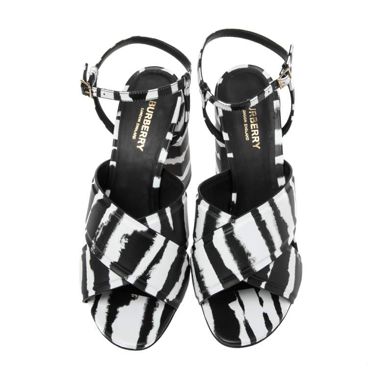 Pre Owned Burberry White/Black  Leather Castlebar Ankle Wrap  Sandals Size 40