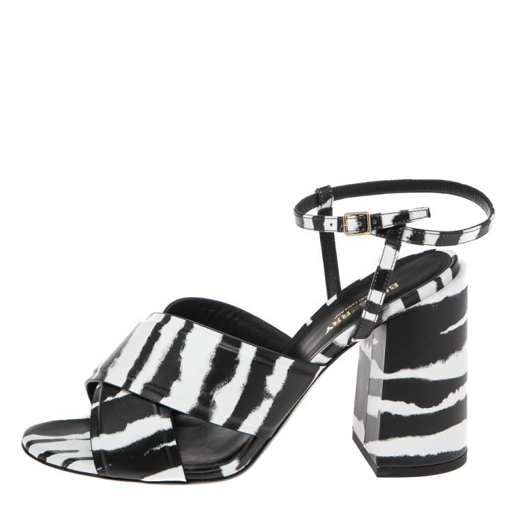 Pre Owned Burberry White/Black  Leather Castlebar Ankle Wrap  Sandals Size 40