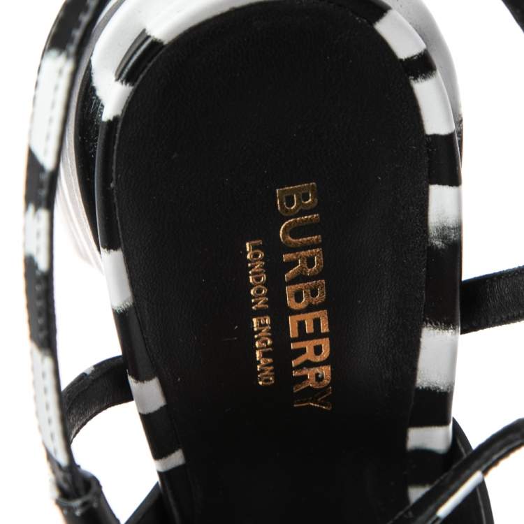 Pre Owned Burberry White/Black  Leather Castlebar Ankle Wrap  Sandals Size 40
