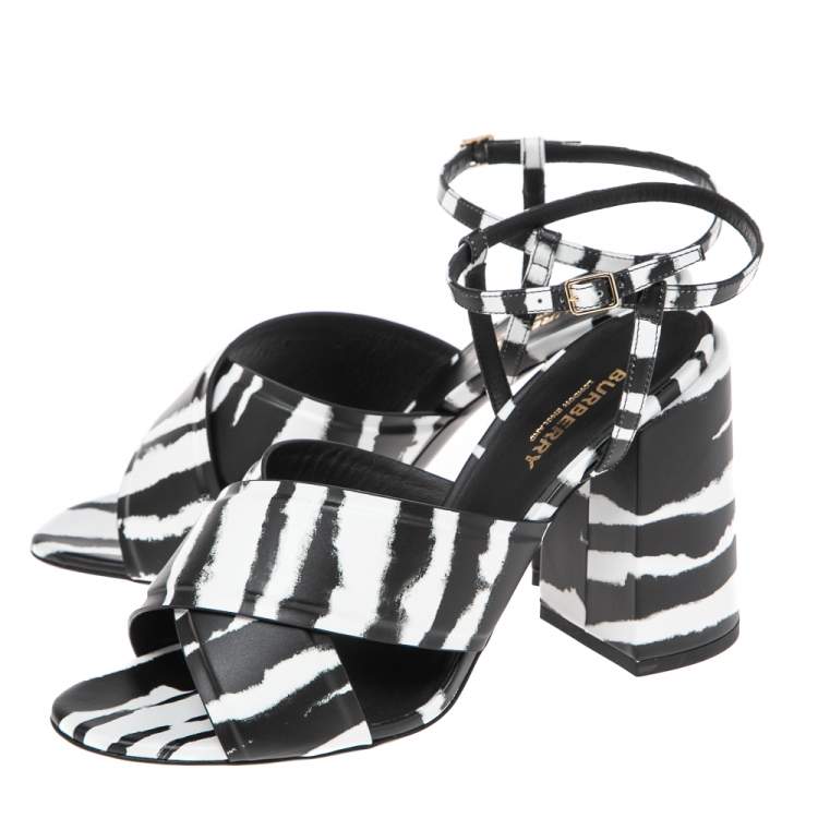 Pre Owned Burberry White/Black  Leather Castlebar Ankle Wrap  Sandals Size 40