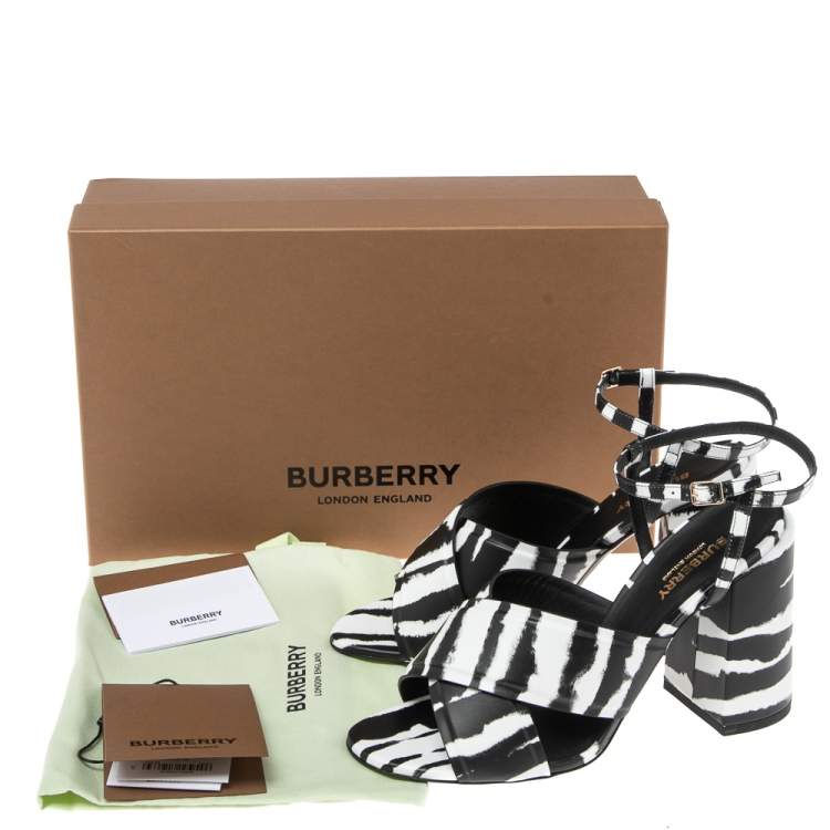 Pre Owned Burberry White/Black  Leather Castlebar Ankle Wrap  Sandals Size 40