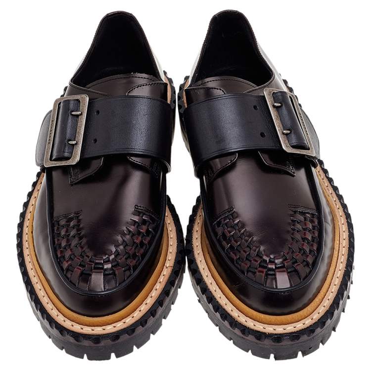Pre Owned Burberry Burgundy/Black Leather Mason Buckle Strap Platform Creepers Size 36