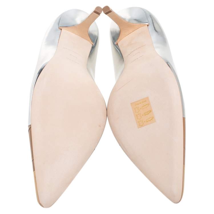 Pre Owned Burberry Silver/Brown Patent Leather Pointed Toe Annalise Pumps Size 40.5