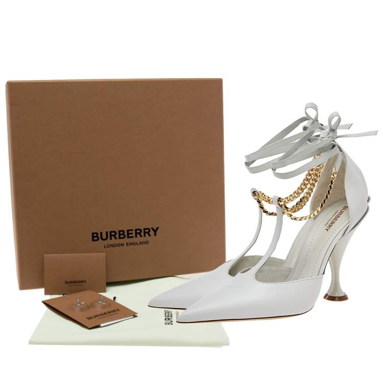 Pre Owned Burberry Pebble Grey Leather Welton Chain Detail T-Strap Ankle-Tie Pumps Size 39