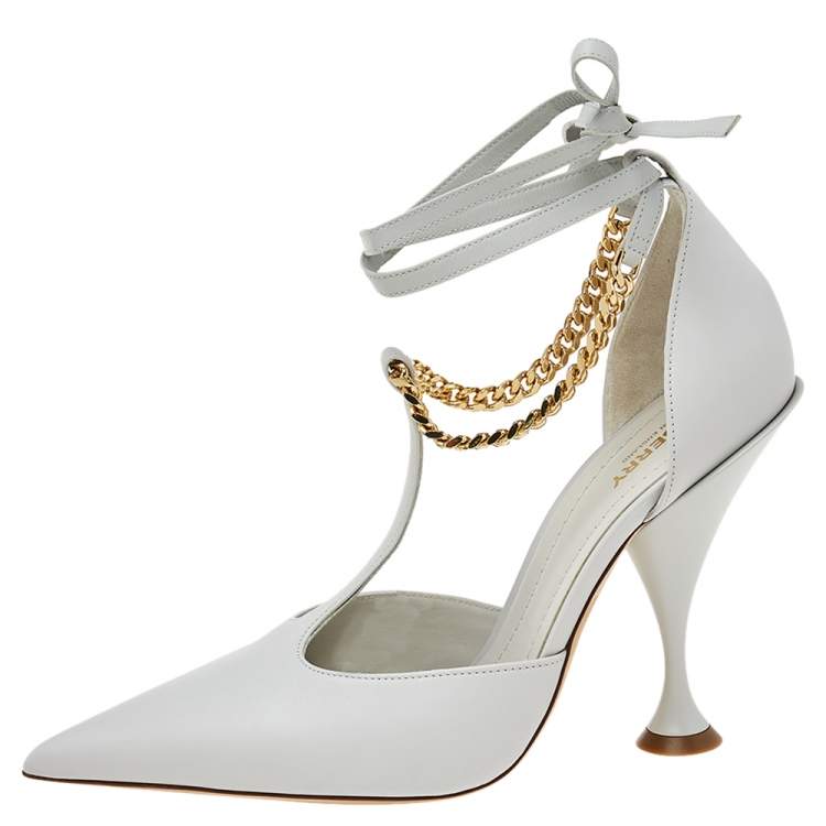 Pre Owned Burberry Pebble Grey Leather Welton Chain Detail T-Strap Ankle-Tie Pumps Size 39