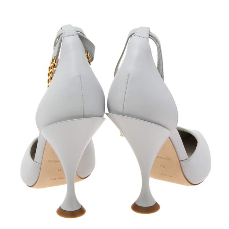 Pre Owned Burberry Pebble Grey Leather Welton Chain Detail T-Strap Ankle-Tie Pumps Size 36