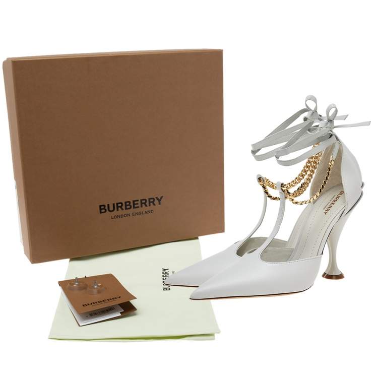 Pre Owned Burberry Pebble Grey Leather Welton Chain Detail T-Strap Ankle-Tie Pumps Size 36