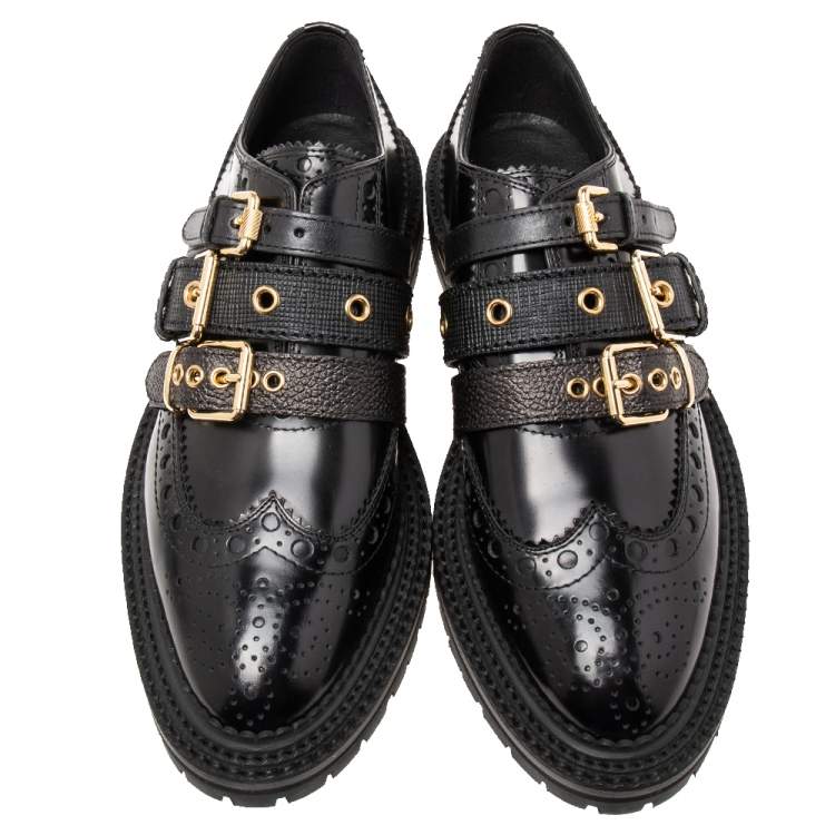 Burberry Black Patent Leather Doherty Multi-Strap Brogue Oxfords Size ...